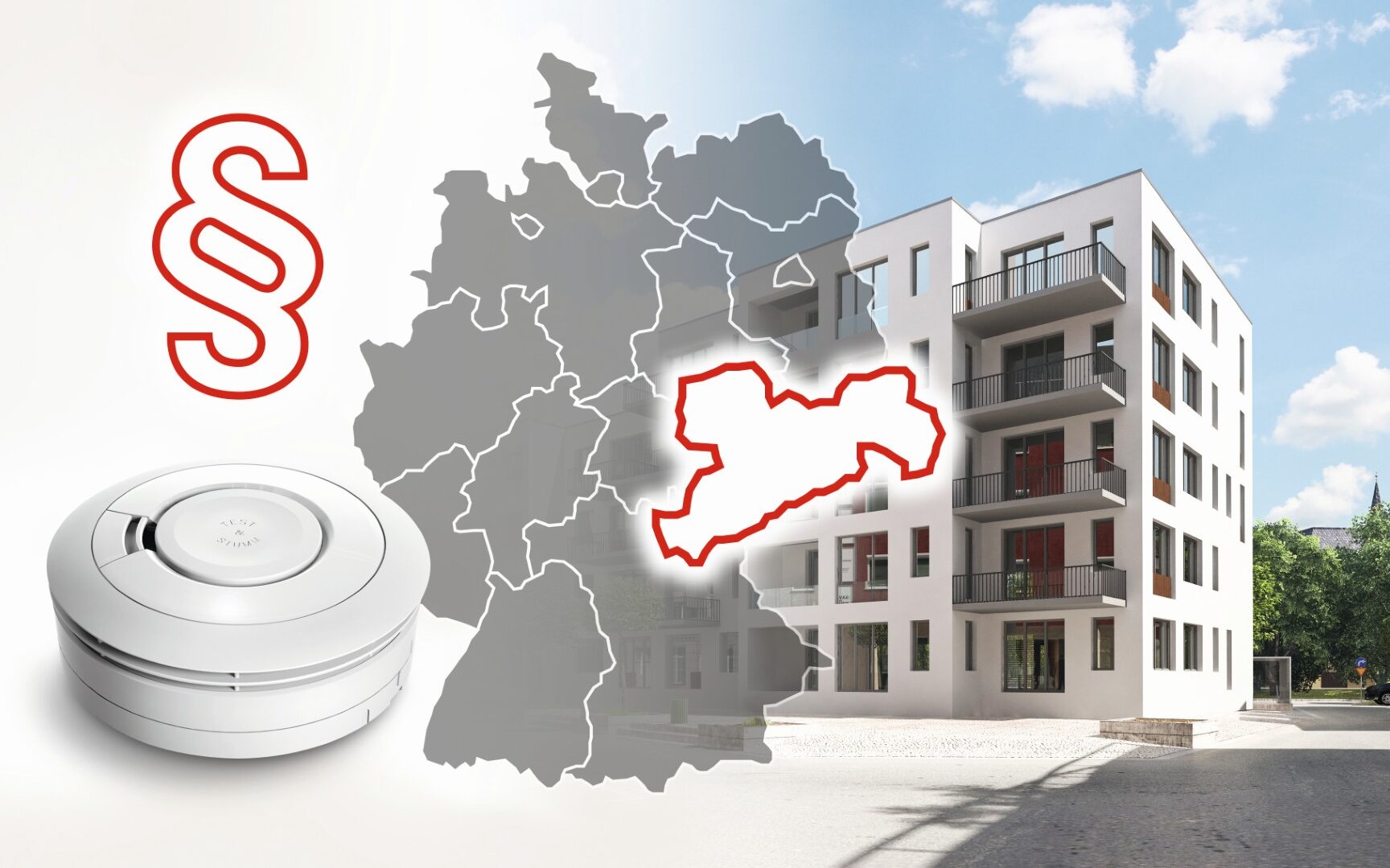 Darstellung eines Rauchwarnmelders neben einer Deutschlandkarte. Das Bundesland Sachsen ist hervorgehoben.